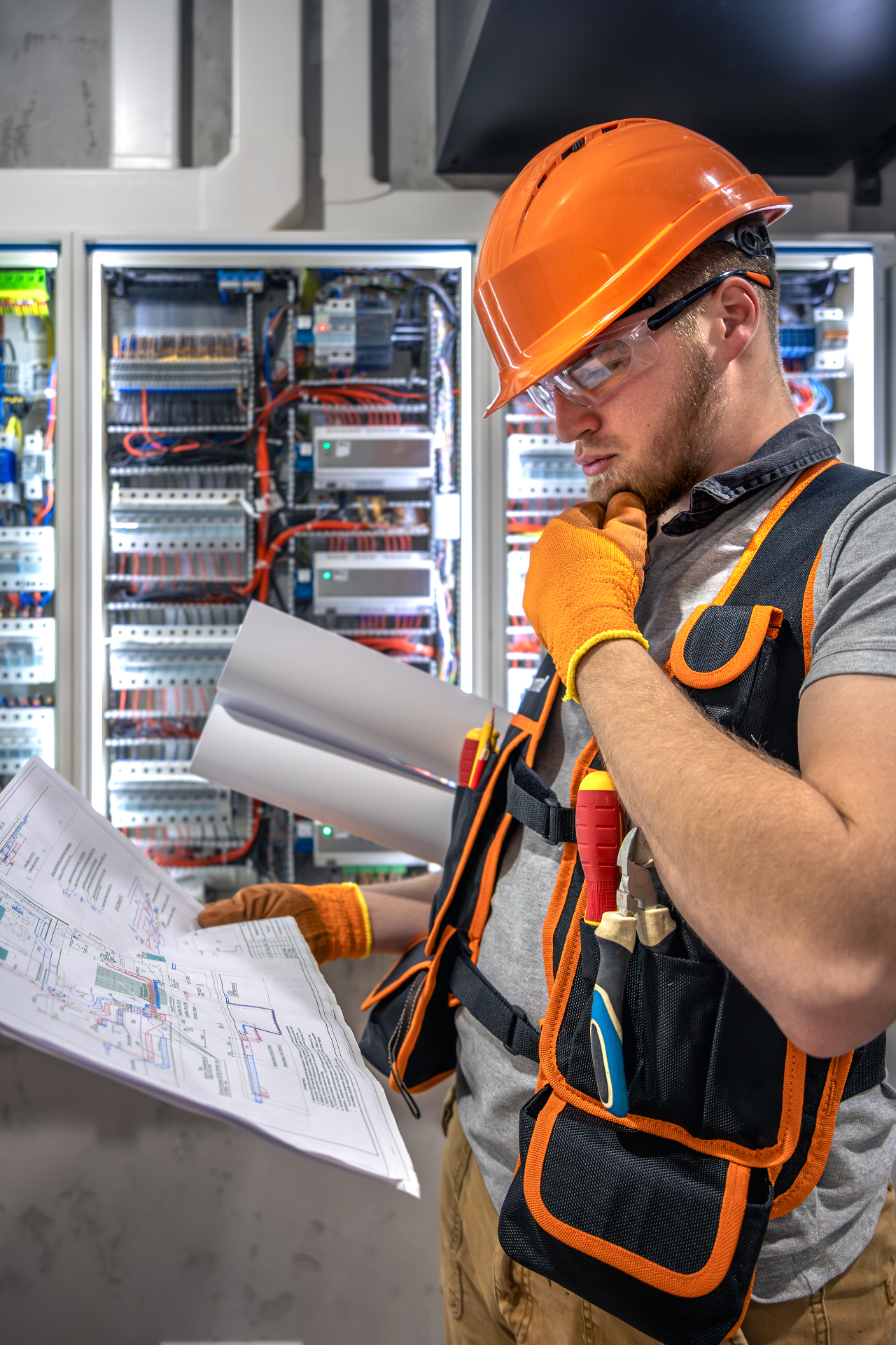 Electrician reviewing a wiring schematic in front of a commercial electrical panel
